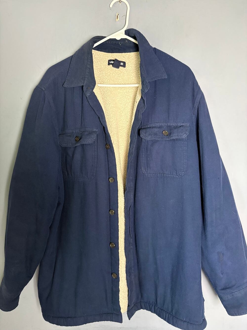 Lands’ End Sherpa Lined Canvas Shirt Jacket Size L Navy